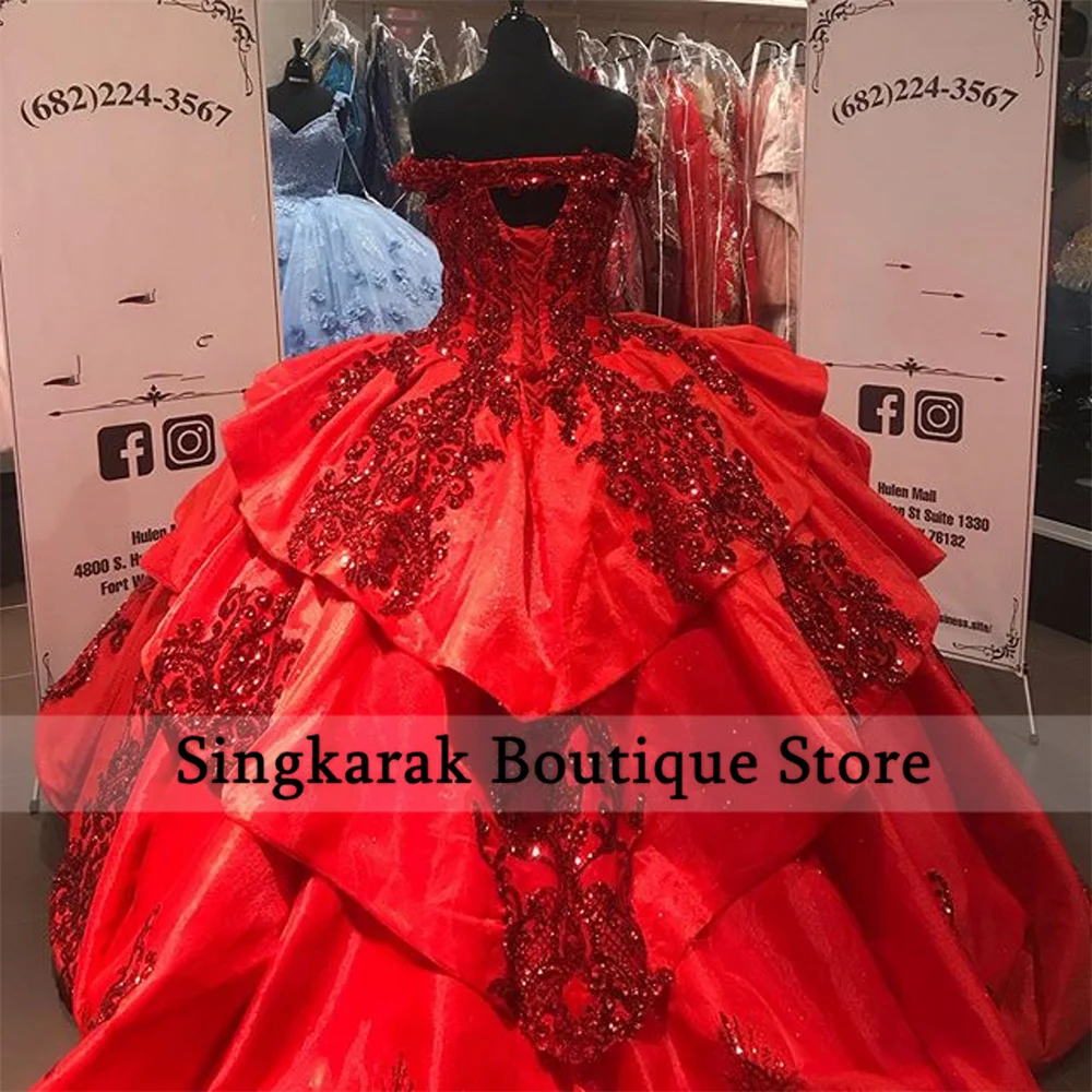 Red Sparkly Quinceanera Prom Dresses 2020 Off Shoulder Lace Applique Sequins Ball Gown Tulle Party Sweet 16 Dress Quinceañera | Свадьбы и