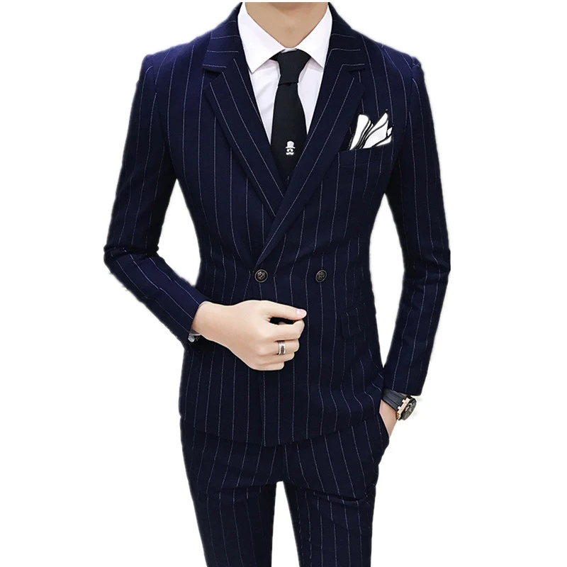 

( Jackets + Vest + Pants ) High-end Brand Mens Fashion Boutique Striped Groom Formal Suits / Mens Double-breasted Business Suit