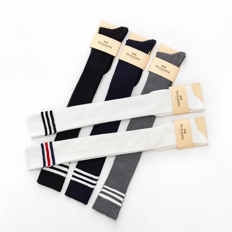 Three-Bar Cotton Double Needle Knee Socks Autumn and Winter Long Baseball Thigh High Socks Cotton Japanese Students' Socks Women