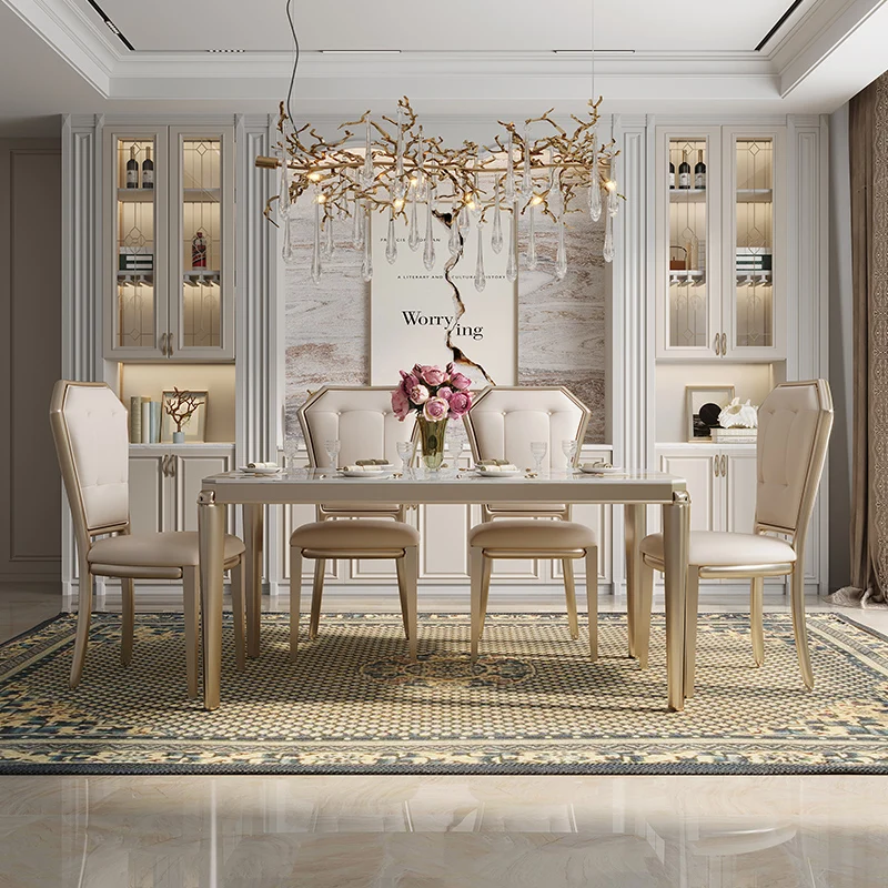 Американский светлый роскошный кожаный обеденный стол и стулья из цельного