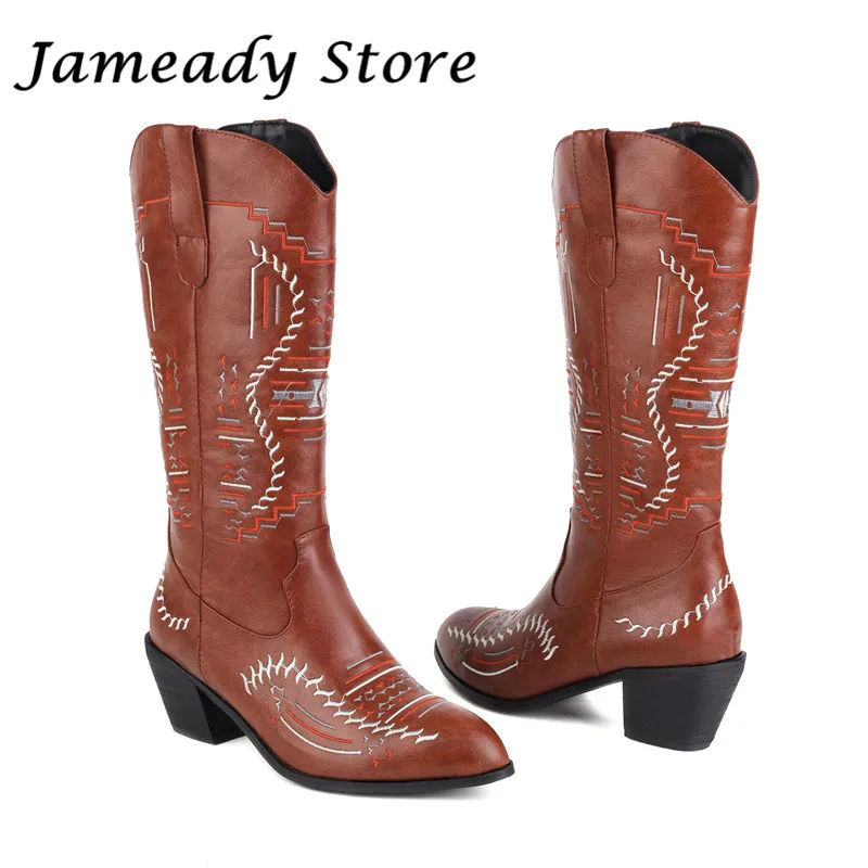 

Женские сапоги в западном стиле, сапоги до колена большого размера с крупной вышивкой, Британская мода, женские сапоги без застежки на высок...