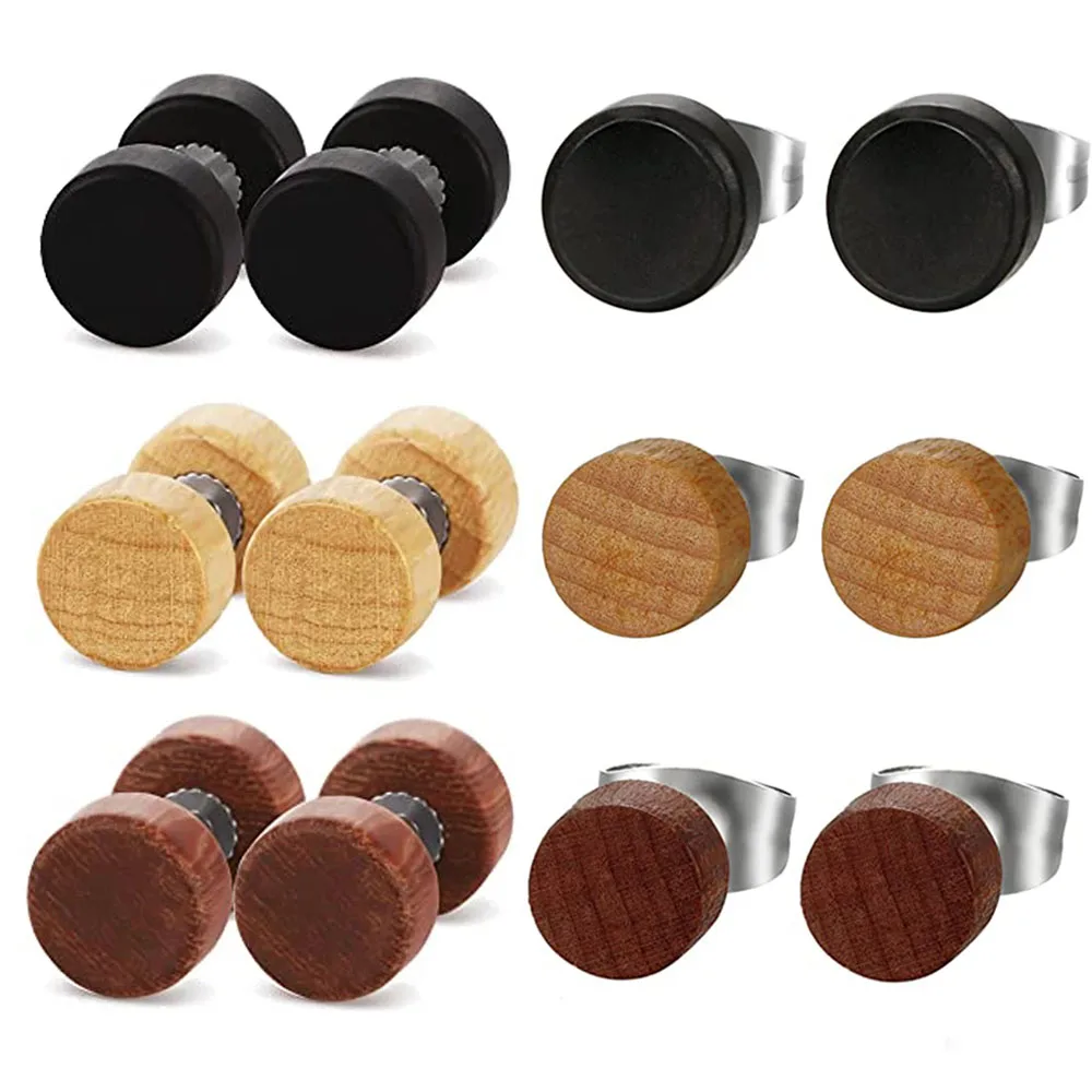 

3 Pairs Fake Plugs Wood Stud Earrings Fake Gauge Natural Wood Cheater Plugs Faux Gauges Earrings for Men Women 6-8-10mm