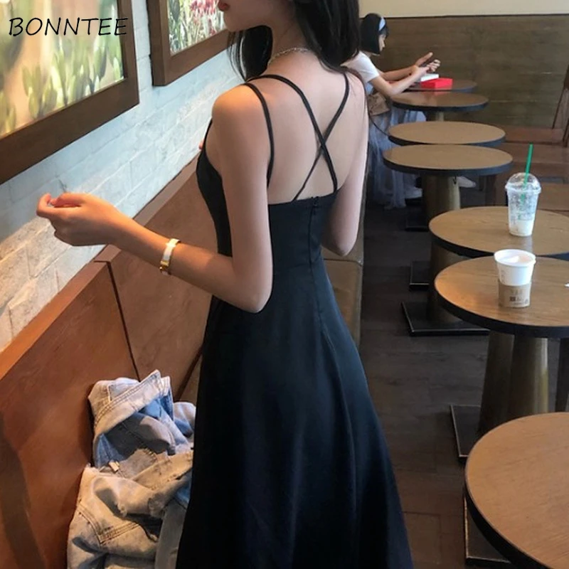 

Women Sleeveless Dresses Solid Fashion A-line Draped Elegant Chic High Waist Side-slit Designed Backless Vestido De Mujer Daily