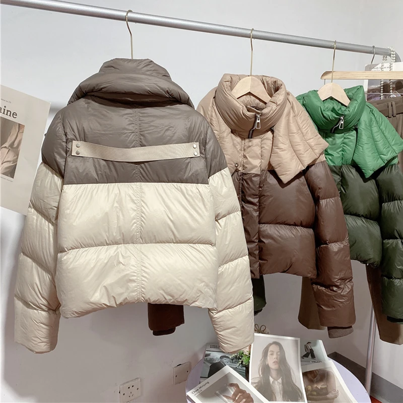 Contrast color down jacket Short Warm Women Winter Hooded  High neck Puffer coat Designer Oversized Parkas Fashion INKEO 2O387