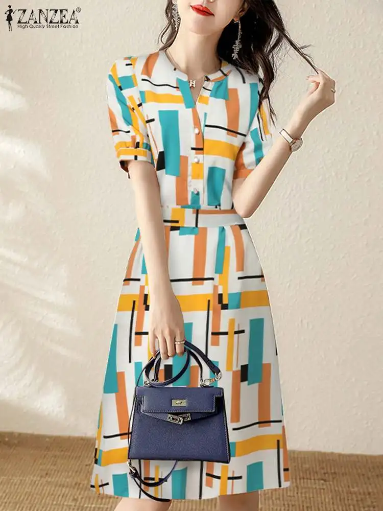 

ZANZEA Casual Short Sleeve Robe Women Fashion Vestido Elegant Button Midi Dress Waisted Geometric Print Party Long Shirt Dress