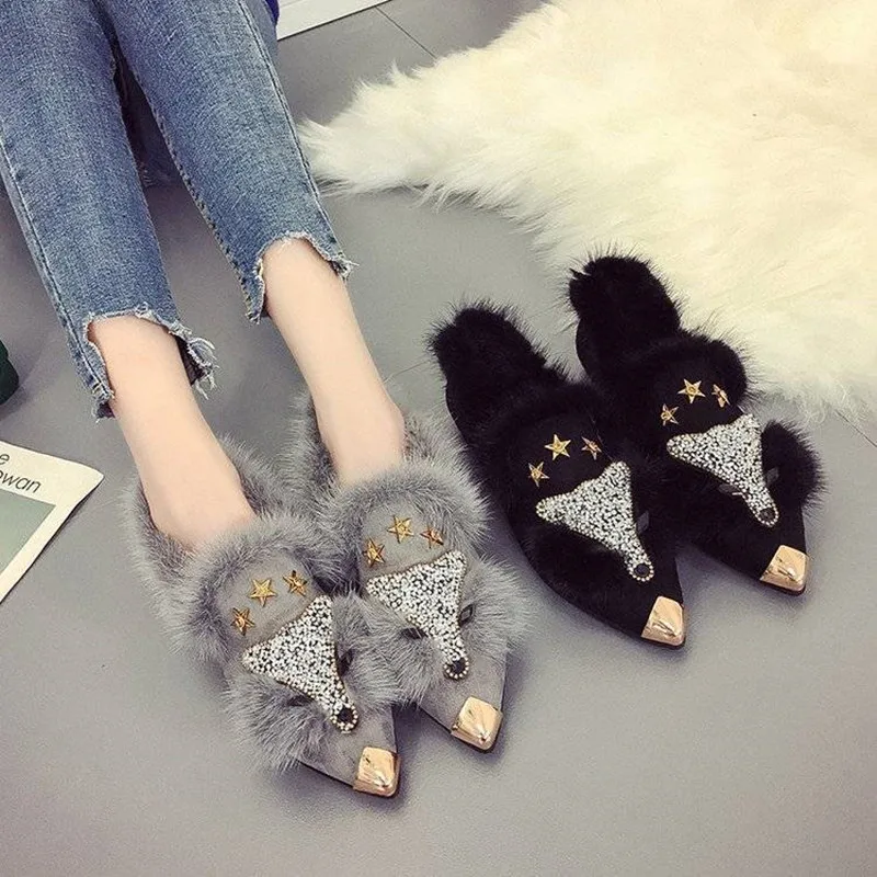 Diamond Fox Pattern Fur Shoes Flat Loafers Women Luxury Brand Pointed Toe Bling Woman Flats Slip On Casual Party Shoes