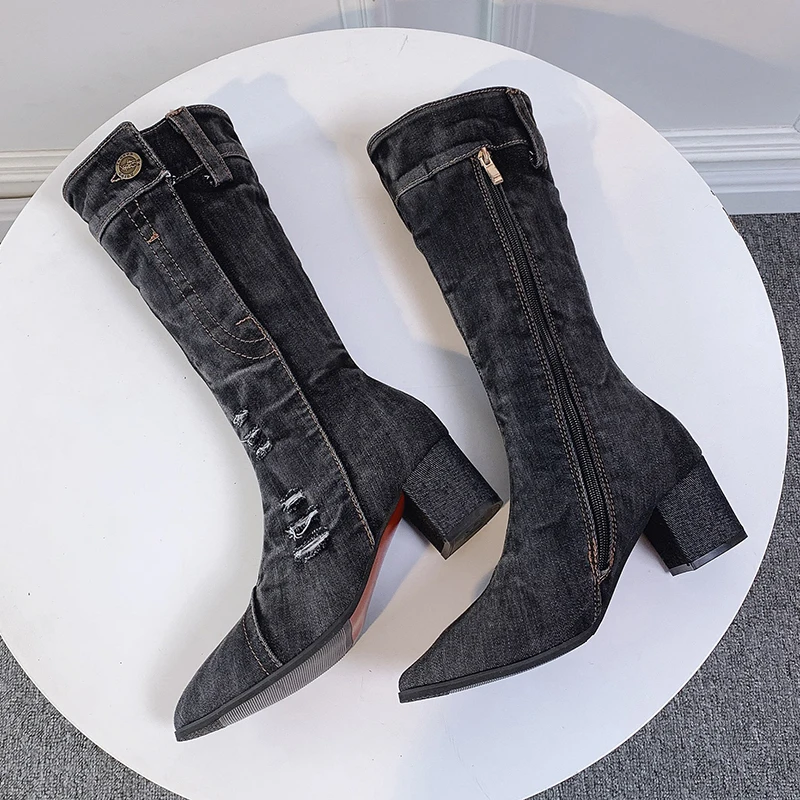 Sexy Jean Boots Women's Mid Calf Boot Zipper High Heel Woman Stylish Jeans Boots Ladies Denim Boot Female Shoes Cowboy 2022 New