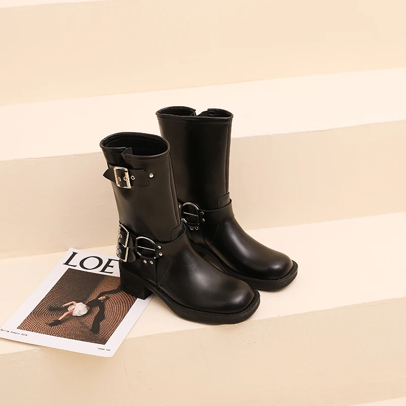 

Women's Fashion Mid-Calf Boots Low Heel Platform Chunky Sole Lace Up Side Zipper Combat Biker Boots