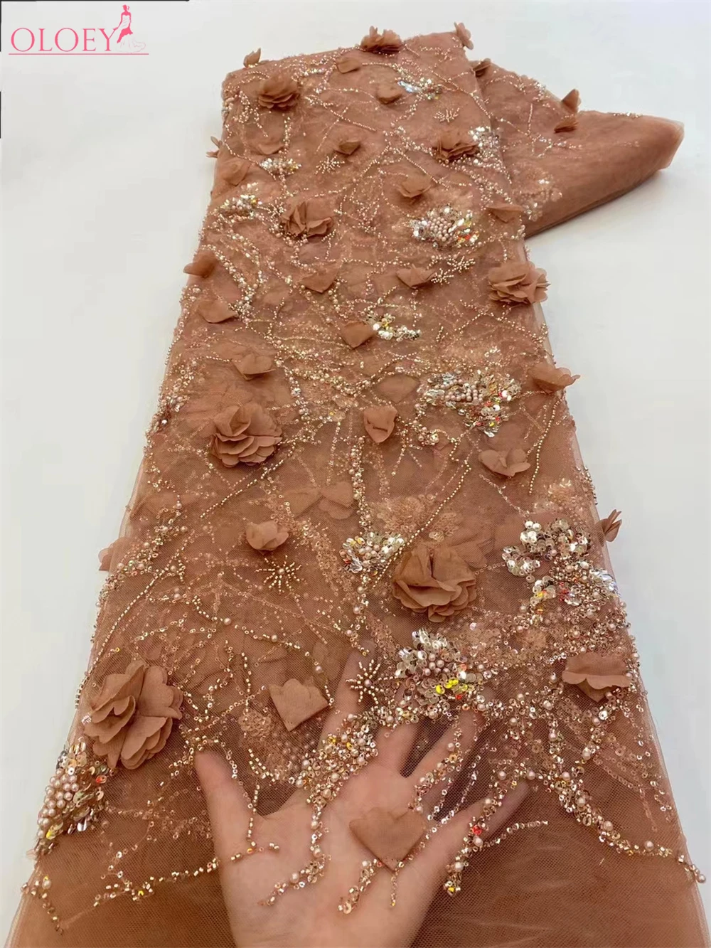 

Fashion French Mesh 3D Flowers Embroidery Beadeds Lace Fabric With Sequins African Nigerian Fabric For Wedding Dress
