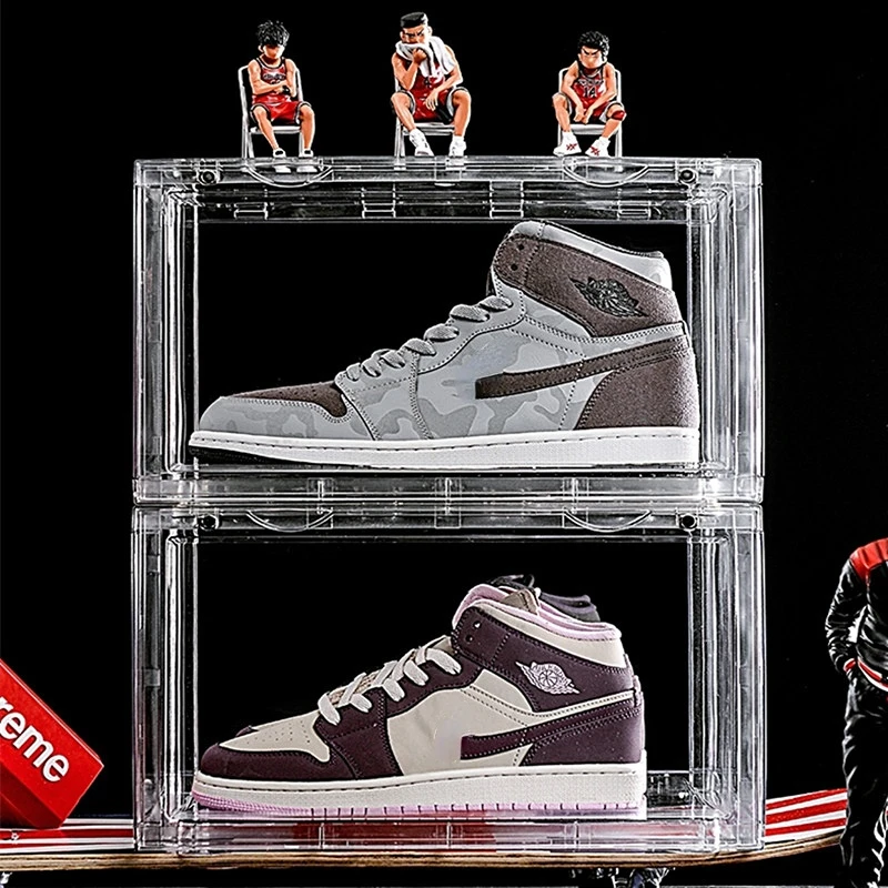 Foldable AJ Sneakers Box Stackable Shoes Case Set Plastic Thickened Transparent Collection Box Basketball Shoe Display Cabinet