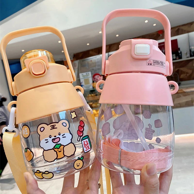 

1000Ml Kawaii Plastic Water Cup High Beauty Double Drinking Big Belly Cup Cute Cartoon Student Water Cup with Sticker