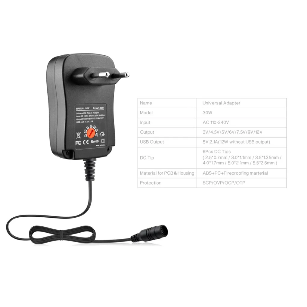 

AC DC Adapter Switching Power Supply Transformer Converter 8 Plug 30W for 3V to 12V Electronics LED Strip 8pcs
