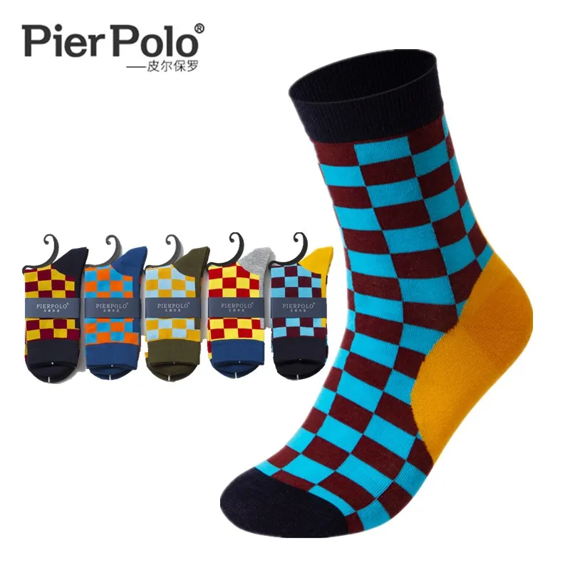 Men's latest design pure cotton medium tube socks high-quality business geometric lattice color men's breathable cotton socks