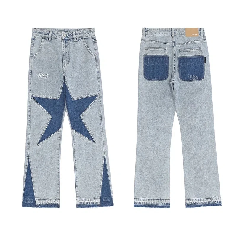 Jeans High Street Washed Old Jeans Men American Fashion Brand Five Points Star Stitching Loose Straight Couple Hip Hop Pants