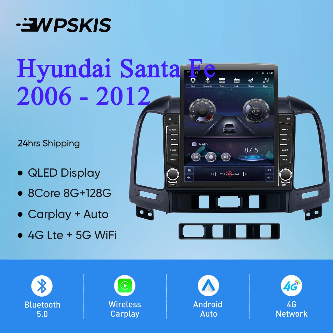 

8G + 128G Android 14.0 Автомобильный радиоприемник Видео Мультимедийный головное устройство для Hyundai Santa Fe 2006-2012 Автомобильный GPS Navi DVD Кассета 4G Lte WiFi