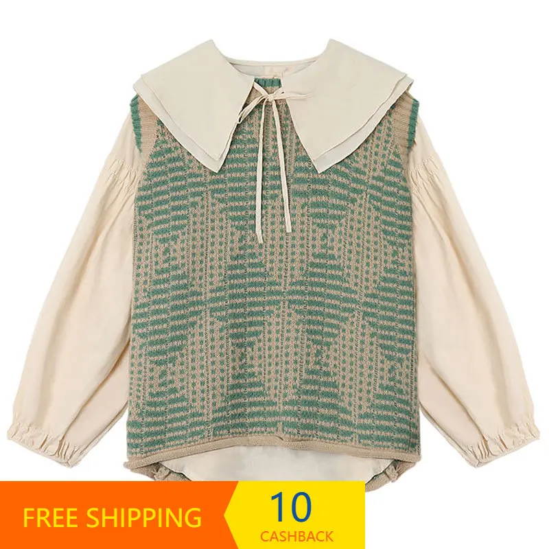 

2023 new doll collar shirt with knitted vest two-piece set girl high-end design sense fashion sweater layered horse clip spring