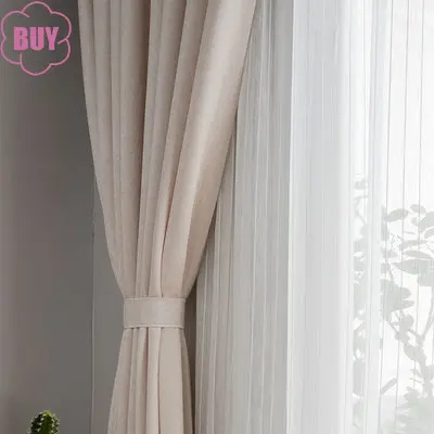 

Nordic Curtains for Living Dining Room Bedroom Japanese-style Beige Semi-shading Chenille Curtains Literary Windows French Tulle