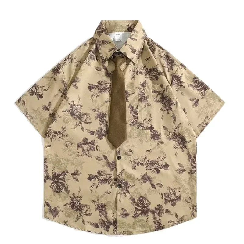 Женская винтажная рубашка с коротким рукавом летняя нейтральная цветочной