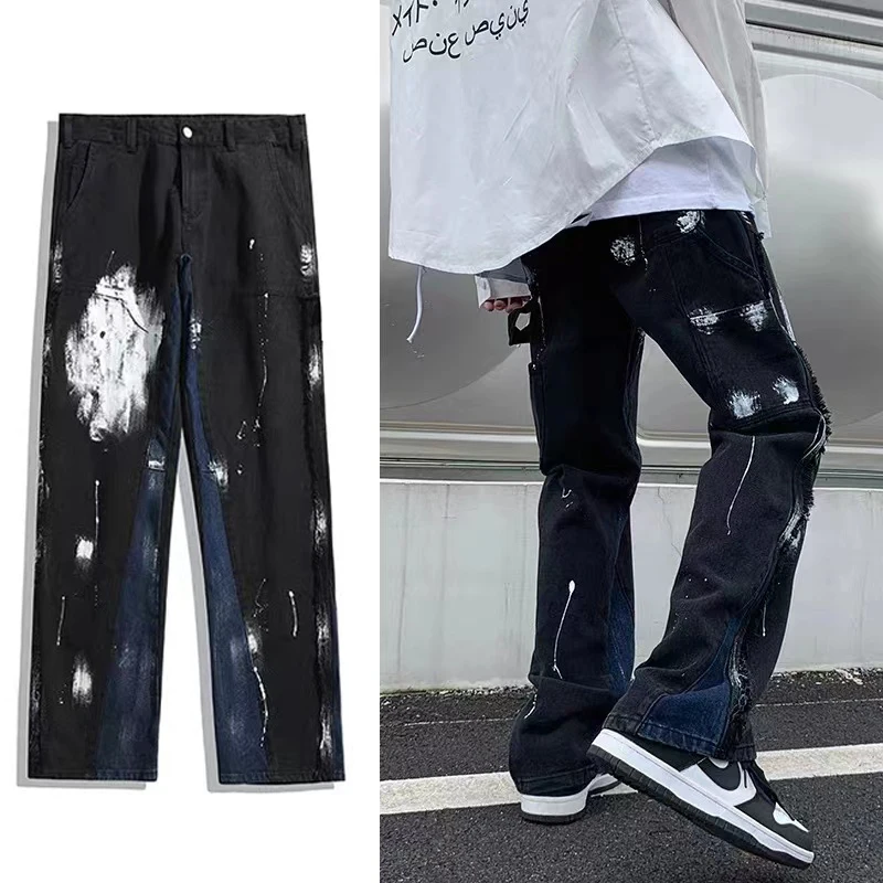

Vintage Graffiti Loose Jeans Men Tie Dye Wide Leg Pants Loose Hip Hop Streetwear Skateboard Unisex Denim Trousers Women's