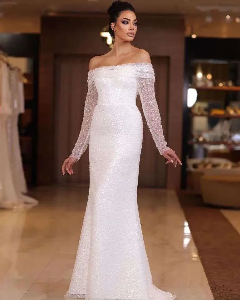 

Msikoods Glitter Elegant Mermaid Wedding Dresses Strapless Bridal Gowns Long Sleeves Bride Dress
