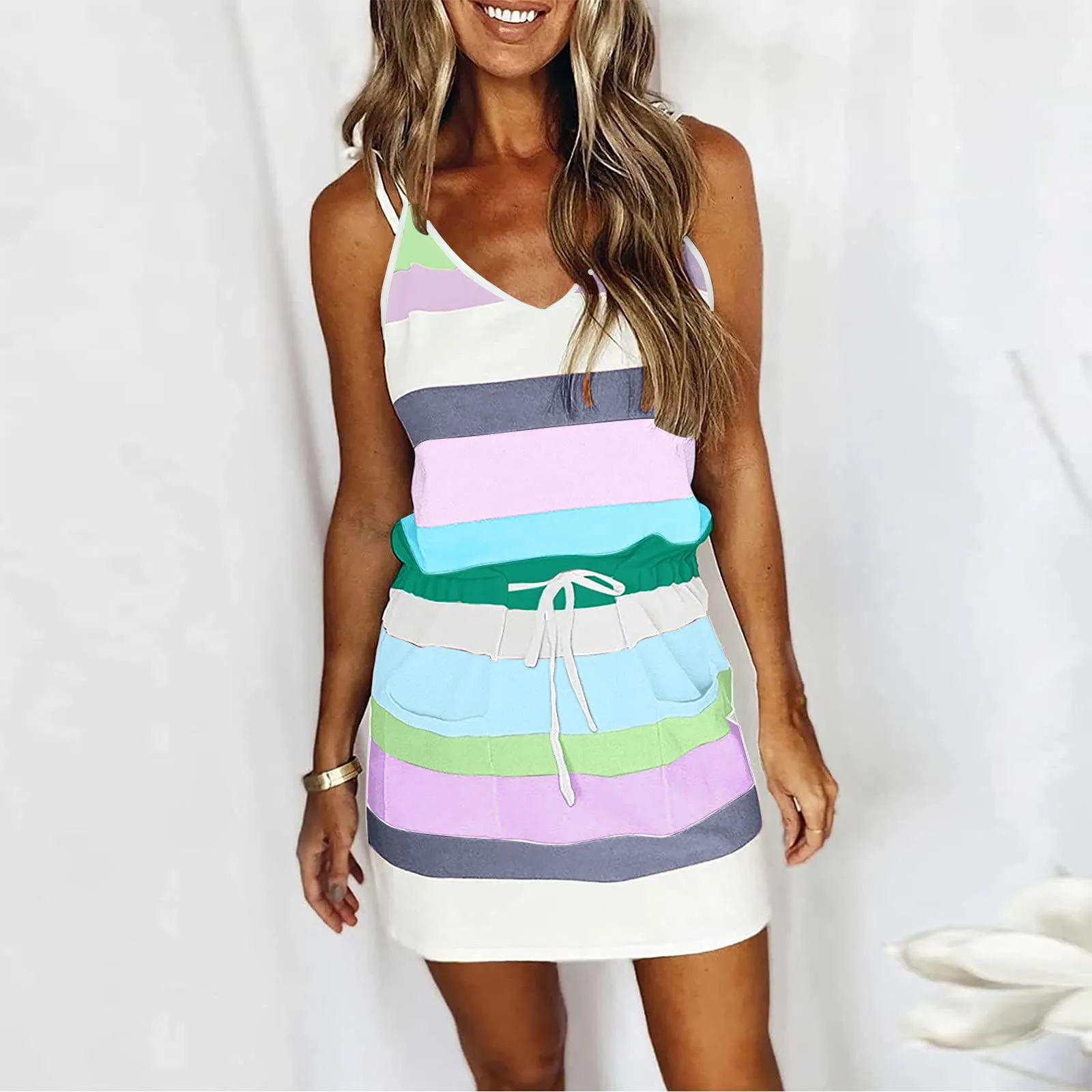 

Open Back Sexy Print Dress Vintage Stripe Long Dresses Fashion Casual V-Neck Short Sleeve Strap Open Back Womens Sexy Mini Dress