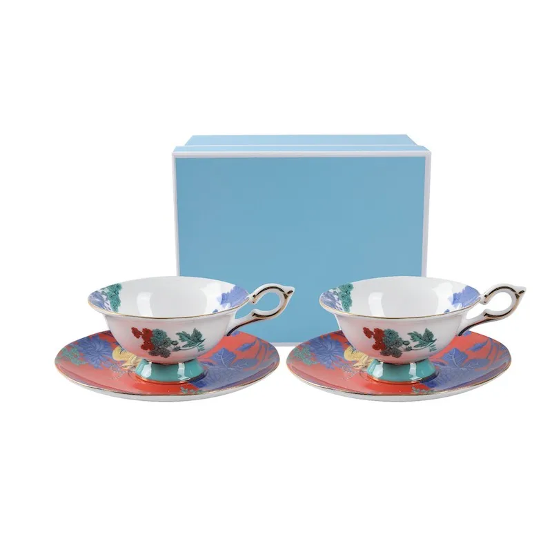 

Beautiful British style bone China afternoon tea tall coffee cup double cups and saucers European flower teacups