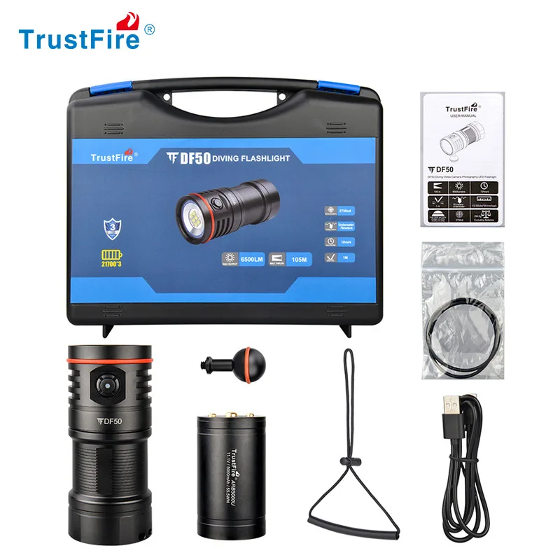 TrustFire DF50 Powerful Diving Flashlight CREE XM2 U3 6500LM+395nm UV Light  Video Dive Lighting for Underwater Search