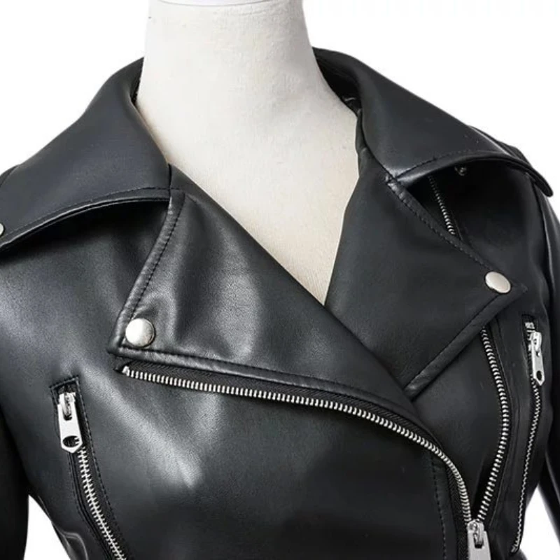 New Women Spring Autumn Black Faux Leather Jackets Zipper Basic Coat Turn-down Collar Motor Biker Jacket with Belt Jaqueta Preta