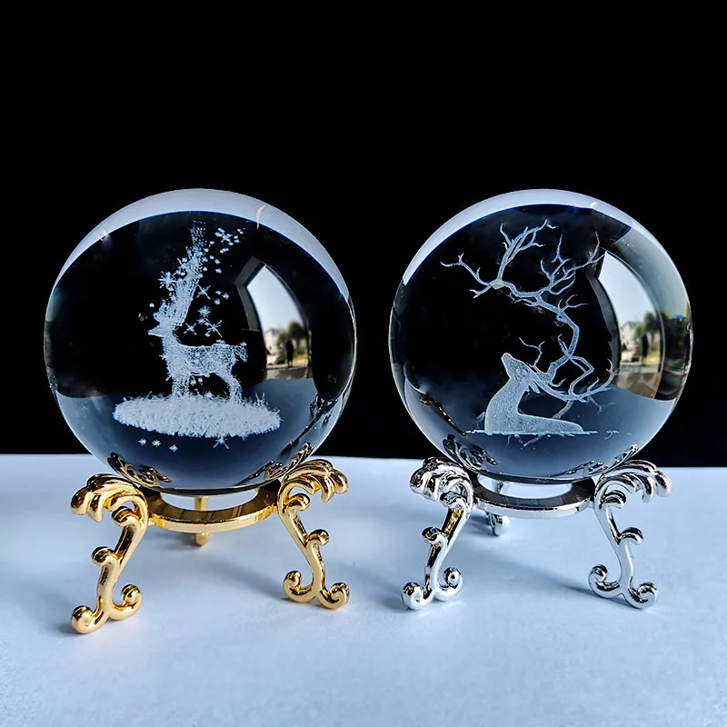 

Crystal 3D Ball Laser Engraved Sphere with Stand Glass Deer Figurine Home Office Decoration Miniature Gifts Animal Paperweight