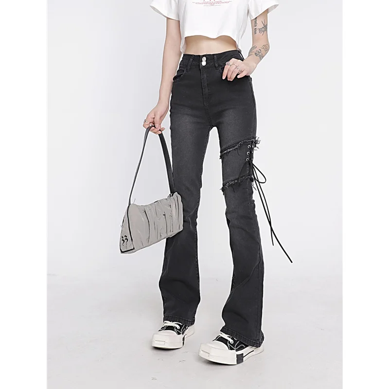 

2023 Hot sale Women's Clothing Flare Jeans Black Lacing High Waist Stretchy Self Cultivation Vintage Casual Baggy Ladies Denim T