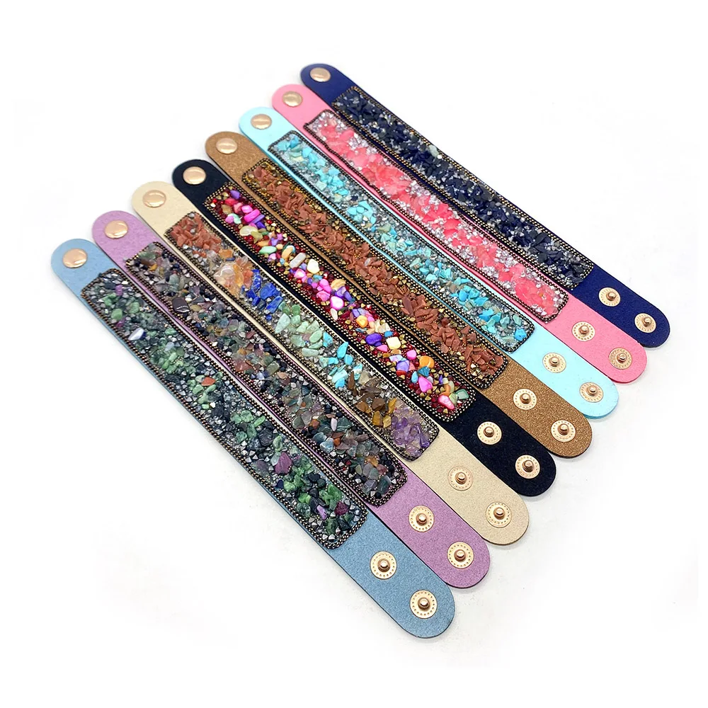 

Fashion Leather Natural Gem Speckled Stone Rice Bead Inlaid Bracelet 20x220mm Boho Charm Jewelry Men's and Women's Bracelet