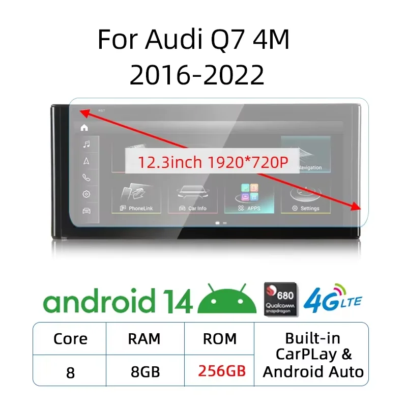 

Android 14 автомобильный Carplay для Audi Q7 4M 2016-2022 GPS радио мультимедийный стереоплеер 4G Let 5G WIFI Qualcomm навигация авторадио