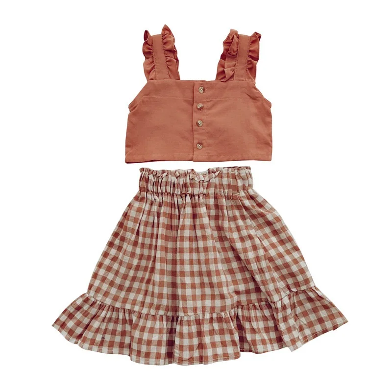 

Children's clothing suit with short top and checkered skirt for summer Sleeveless wear Girls' clothing