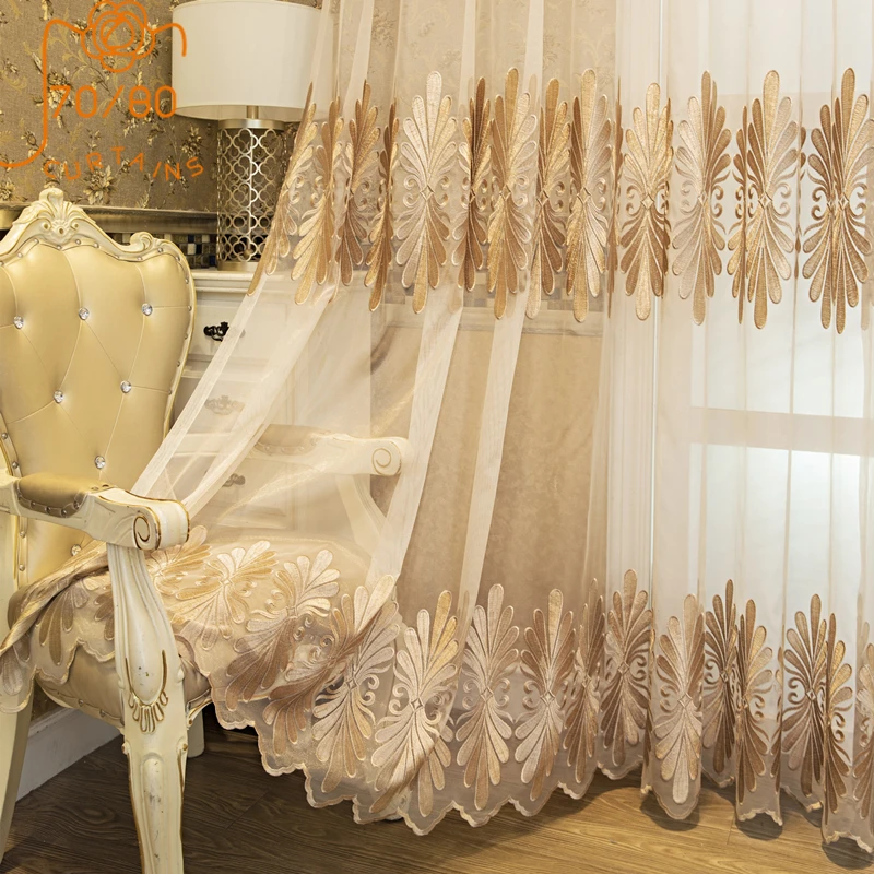 New Luxury European Style Golden Embroidered Window Screen Curtains for Living Room Bedroom Balcony Custom Finished Product