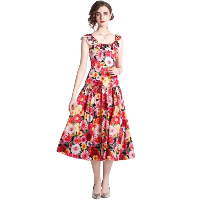 

Simgent Summer Slash Dress Women Flowers Print A Line Elegant Slim Midi Long Dresses 2022 Vestidos Femme Robe SG25233