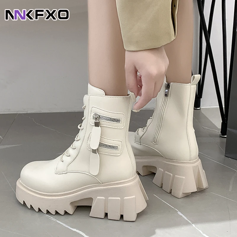 

Leather Gothic black boots women high heels sexy chain thick heel platform boots women punk style zipper ankle boots vc4481