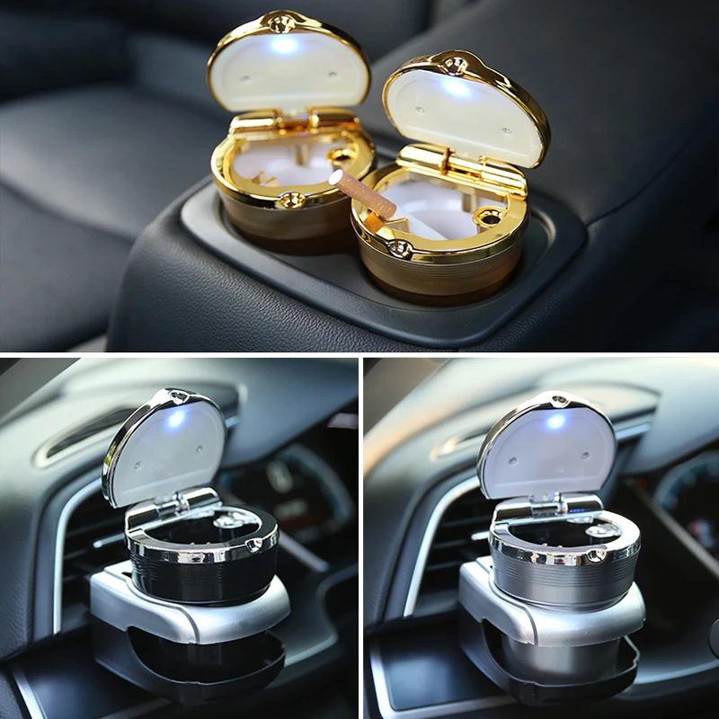 

Universal Car Ashtray Portable With LED Lights Alloy Aluminum Cup Retardant Flame Ashtray Cigarette Holder Box Auto Accessories
