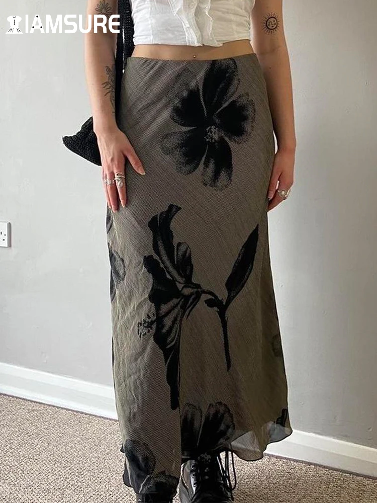 

IAMSURE Casual Printed Long Mesh Skirt Vintage Chinese Style Mi-D Waisted Maxi Dresses For Women 2022 Summer Fashion Ladies