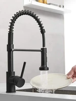 brass pull out 360 degree swivel spring black kitchen faucet single handle hole hot cold mixer water tap with 2 water intel pipe