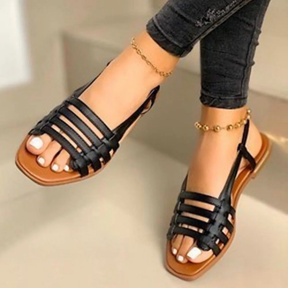 New Summer Women Sandals Hollow Flat Black Roman Slip-On Back Strap Sandals Open Toe Casual Beach Ladies Shoes Outdoor Sandals