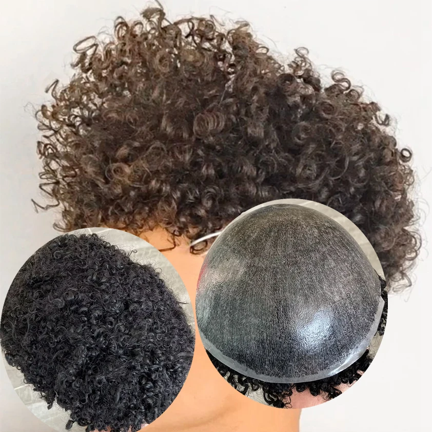 

Прочный Невидимый Прозрачный парик из кожи толщиной 8 мм афро кудрявые вьющиеся волосы черный афроамериканский мужской парик протез из человеческих волос