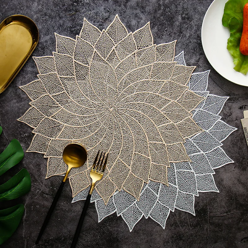 

Creative Fat Leaf Round Table Mat Northern Europe Hot Stamping Western Placemat Hollow PVC Solid Color Heat Insulation Mat