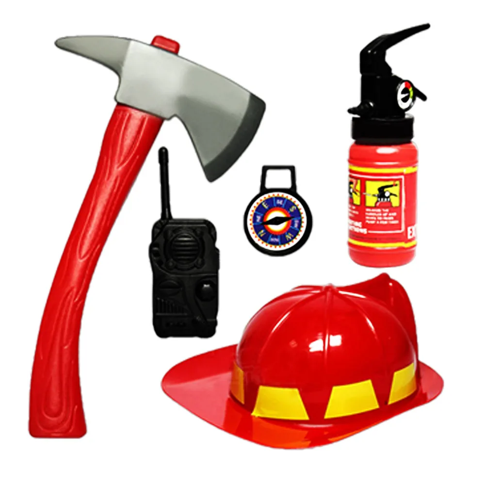 

5PCS Kids Fireman Firefighter Tool Helmet Extinguisher Hat Axe Crowbar Fire Extinguisher Accessories Career Pretend Play Toy