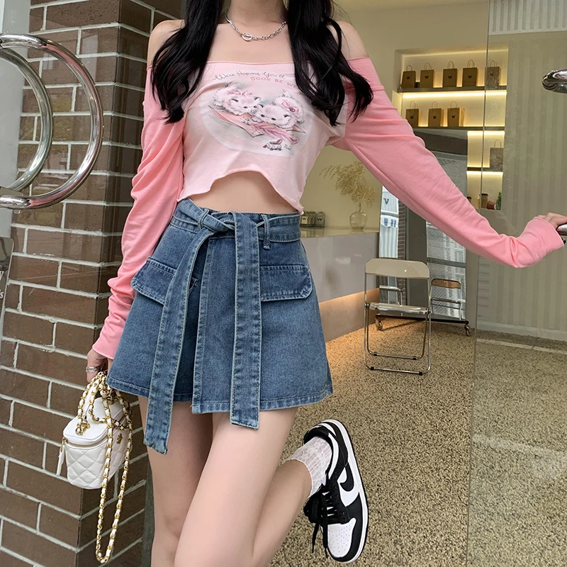 American denim skirt female blue commuting spring/summer 2023 new retro spicy girl design high waisted short skirt pants A-line