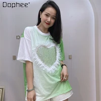 sweet lace edge love rhinestone tees top 2022 summer new round neck pullover thin cotton gradient color half sleeve tshirts