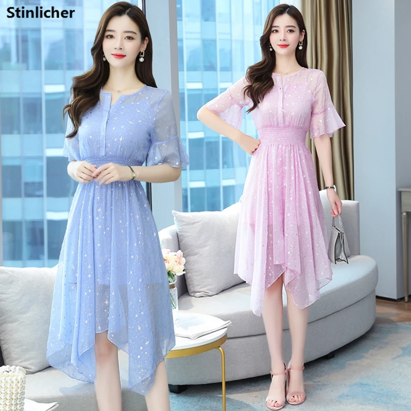 

Shining Stars Sequin Chiffon Dress Women Summer Fashion Elastic Waist Irregular Wedding Party Long Dress Female Vestidos New