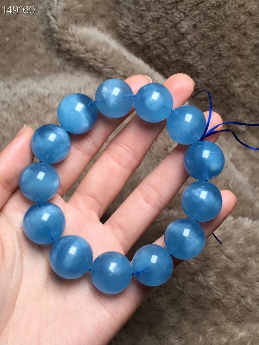 

Natural Blue Aquamarine Cat Eye Bracelet 17MM Clear Round Beads Women Stretch Brazil Aquamarine Bracelet Jewelry AAAAAA