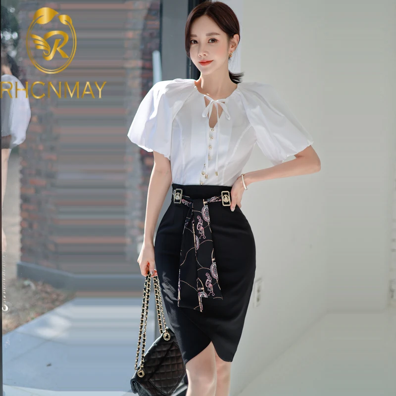 

New Summer Female Clothing 2 Pieces Set Women Puff Sleeves White Blouses & Sheath Lace-Up Pencil Skirt Casual Skirt Suit