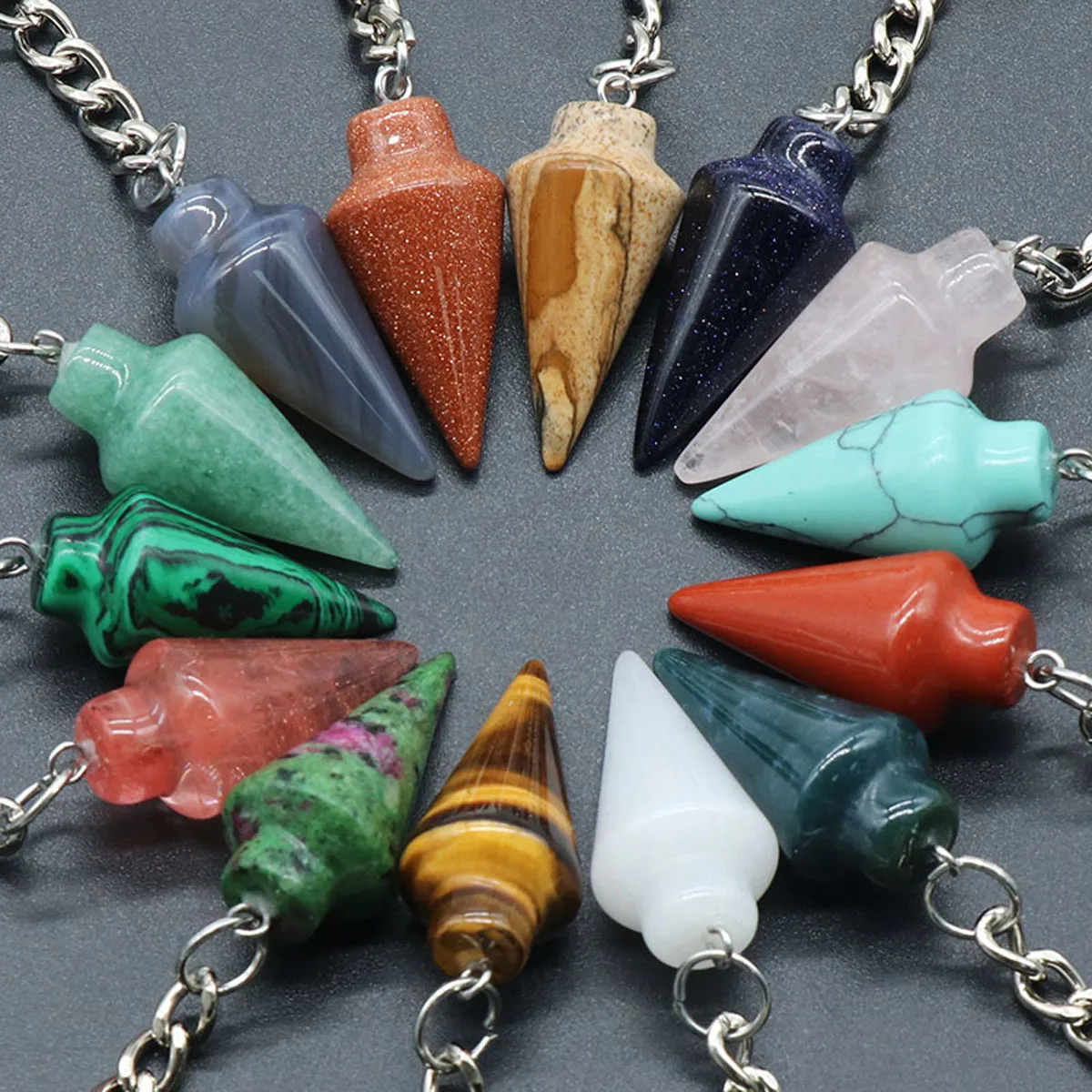 

Reiki Healing Natural Stone Keychains Cone Shape Agate Keychain Ladies Pink Quartz Crystal Key Chains Gift