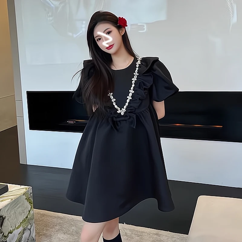 

SuperAen 2022 Summer Loose Diamond Bow Ruffled O Neck Puff Sleeve Waist Slim A Line Black Satin Dresses for Women